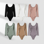 Six long-sleeve bodysuits arranged in a 2x3 grid on a white background, shown in black, white, blush pink, sage green, tan, and lavender.